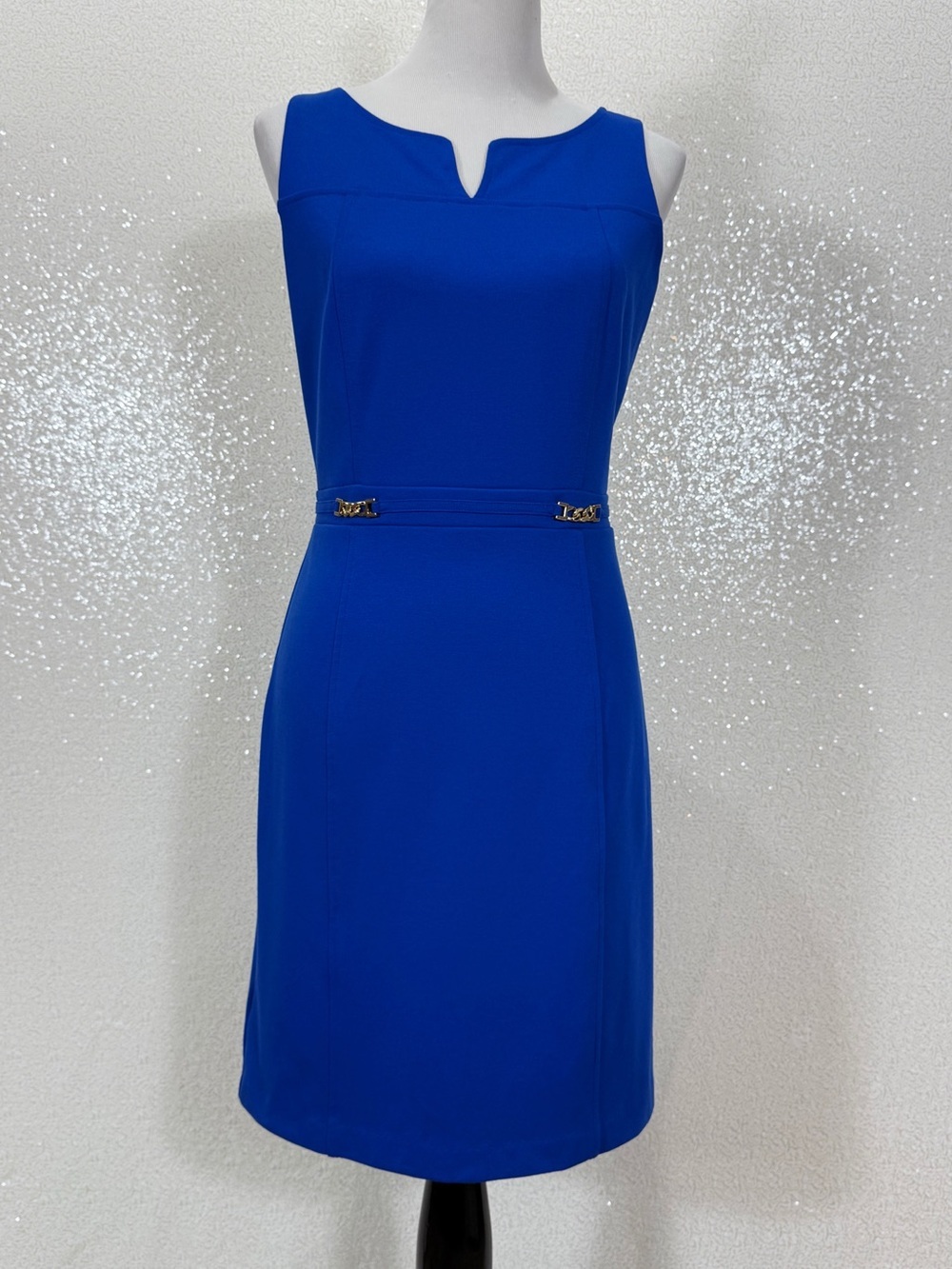 Ann Taylor Petite 8P Royal Blue Sheath Dress Gold Hardware Career Cocktail Midi - Picture 12 of 14